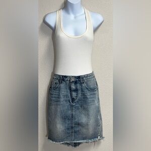 One Teaspoon Denim Skirt 29 High Waist Super Fitted Mid Length Fringe Blue Jean